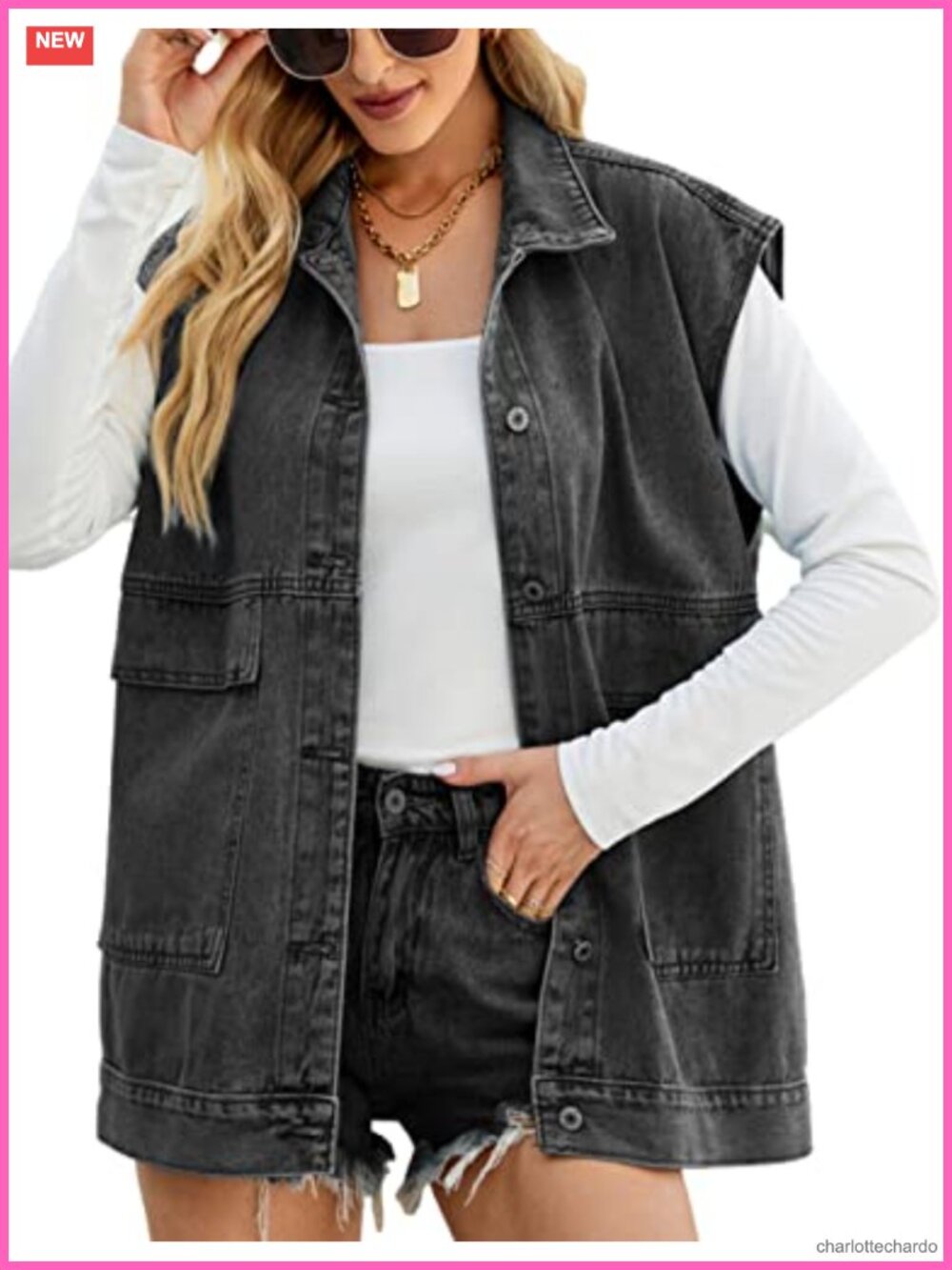 Oversized Denim Vest Sleeveless Button Down Jean Jacket Tops
